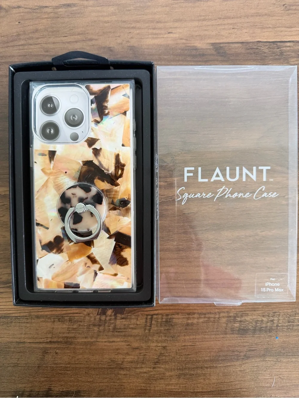 Flaunt Square Phone Case with Ring Holder for iPhone 15 Pro Max - Tortoise Shell